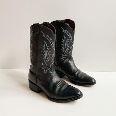 Vintage Black Cowboy Boots with Blue Stitch | Size 10.5
