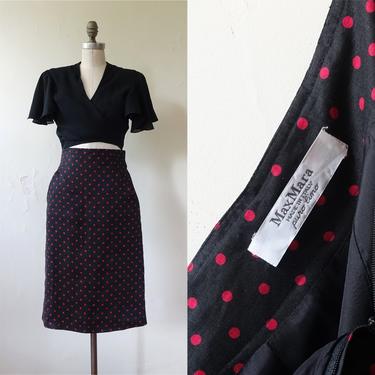Vintage 80s Max Mara Polka Dot Pencil Skirt/ 1980s Black Red High Waisted Fitted Linen Skirt/ Size 28 