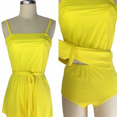 Vintage 1970s Lemon Yellow Soft Nylon Two Piece Bathing Suit 