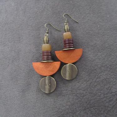 Orange wooden earrings, Afrocentric earrings, African earrings, bold earrings, statement earrings, geometric earrings, rustic bronze earring 