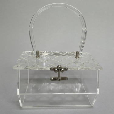 1950s Clear LUCITE Purse | Vintage 50s Handbag with Carved Lid 