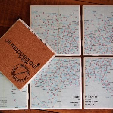 1988 United States Mileage Map Coaster Set of 6. US Travel Gift Coasters. US Road Trip Gift. Driving Time Map. Vintage Barware United States 