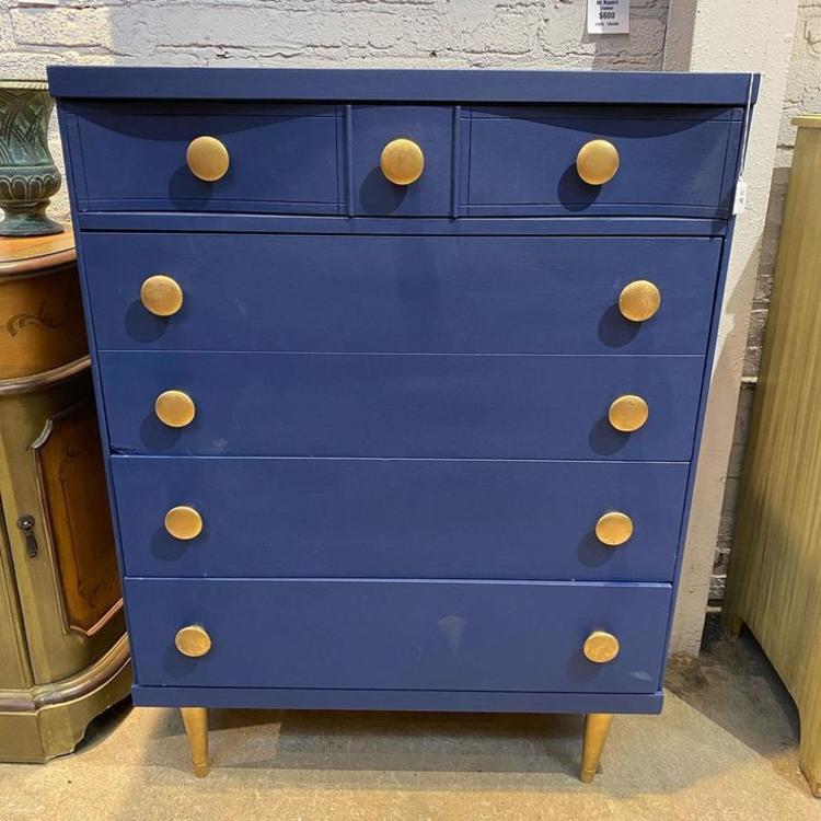 Deep blue chest of drawers, not perfect/a little wobbly (sold as is), 32”L x 18”W x 43”T, 