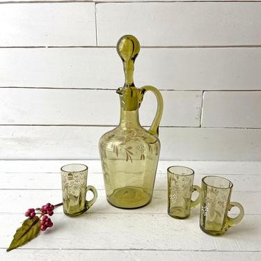 Vintage Olive Green Floral Decanter Set With Shot Glasses, Victorian Barware, Floral Shot Glasses, Perfect Gift, Housewarming 