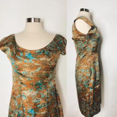 Vintage abstract print dress, size small, brown, teal 