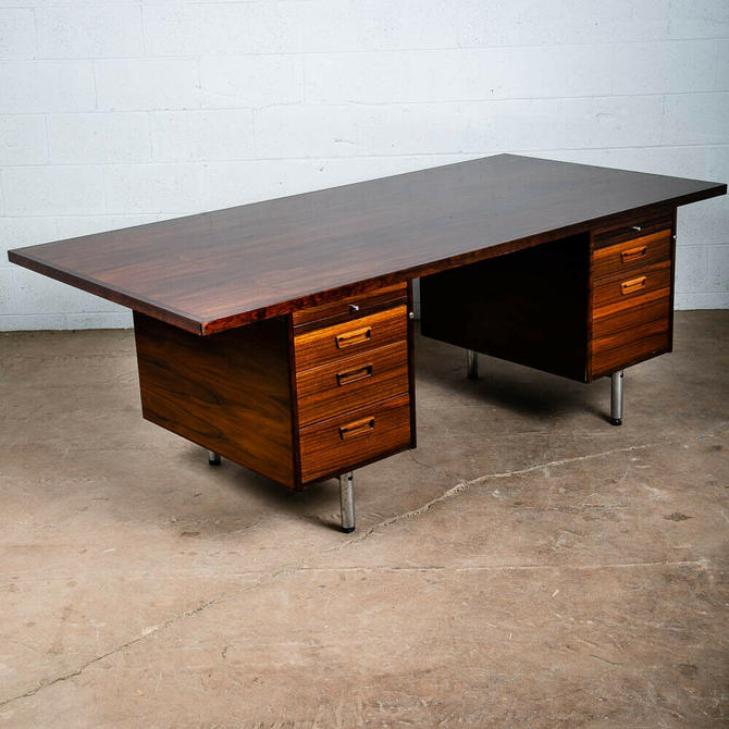 Mid Century Danish Modern Desk Executive Brazilian Rosewood Metal 5 Drawer Mcm