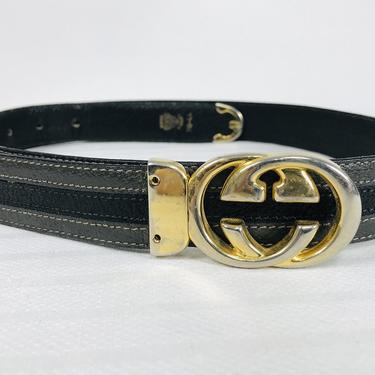 Vintage Gucci Grey &amp; Black Belt &amp; Gold Buckle