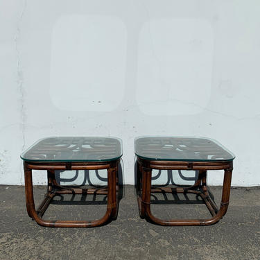 2 Rattan Tables Pair Coffee Cocktail Bohemian Boho Chic Accent Side Chippendale Chinese Bamboo Palm Beach Chinoiserie Hollywood Regency 