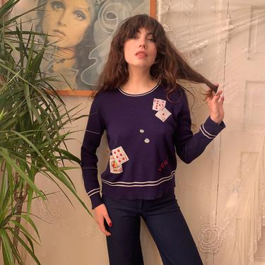 70's VEGAS SWEATER - cards and dice embroidery - navy - x-large 