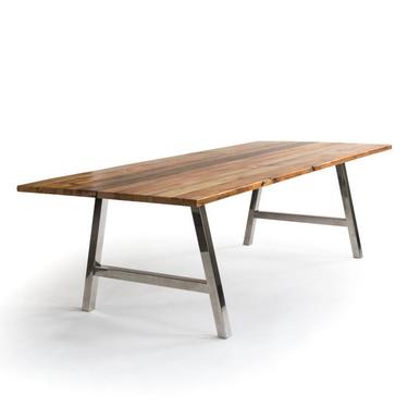 Modern Farmhouse Dining Table, Wood Dining Table with reclaimed wood top and brushed stainless steel legs. 
