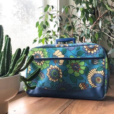 1960s Blue &amp; Green Flower Power Mini Suitcase- made in Japan 12x18 inches 
