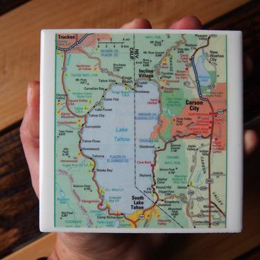1998 Lake Tahoe Map Coaster Ceramic. Vintage National Geographic Map. California Decor. Nevada Travel Gift. Pacific Crest Trail. Tahoe Gift. 