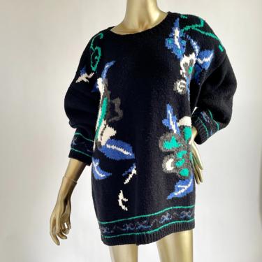 Big Bold Oversized 1980's Sweater fits M - XL Black with Green Blue and White Flowers 