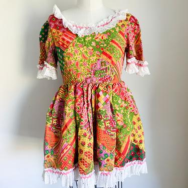 Vintage 1970s Faux Patchwork Print Costume Mini Dress / XS-S 