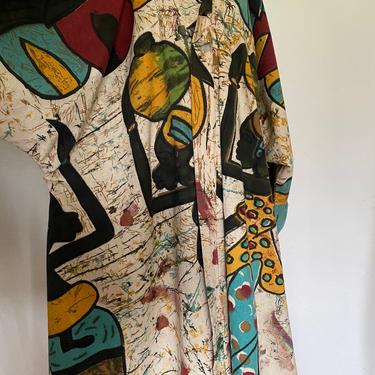 90s Vintage African wearable art kimono, Art Deco duster, art deco abstract long duster, vintage swing coat jacket, opera coat 
