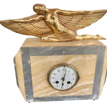 Lady Icarus Gilded Art Deco Statue Adorns Marble French Clock