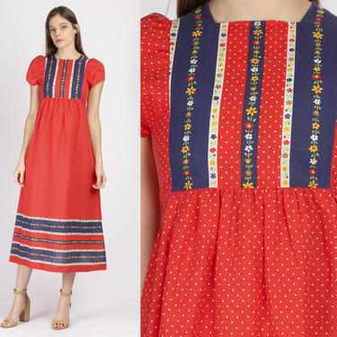 60s Floral Polka Dot Prairie Dress - XXS | Vintage Red Blue Puff Sleeve Boho Ankle Length Maxi 