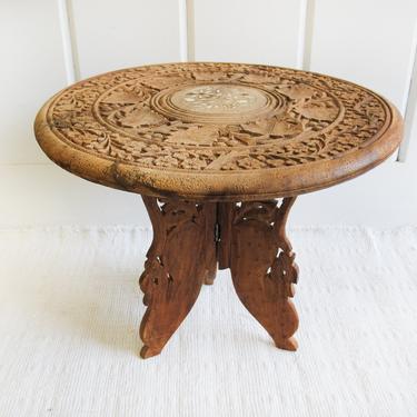 Large Hand Carved Bohemian Vintage Sheesham Teak Rosewood Indian Accent Table with Folding Legs 