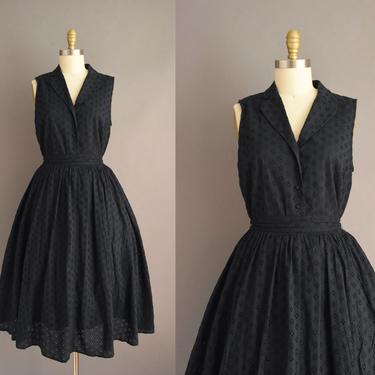 1950s Inspired dress | Black Cotton Eyelet Full Skirt Dress | Large | 50s Inspired dress 