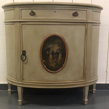 Antique French Demilune Table cabinet, original center artwork, painted.  Local Aldie VA pickup.  Shipping Extra 