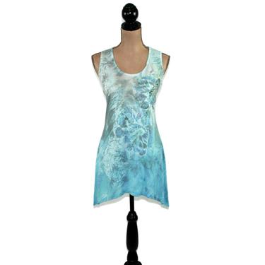 Boho Tank Top, High Low Tunic Blouse, Aqua Turquoise Batik Floral with Rhinestone Studs, Summer Clothes Women Medium, Y2K Vintage Clothing 