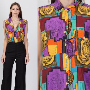 90s Silk Baroque Blouse - Medium | Vintage Sleeveless Colorful Button Up Top 