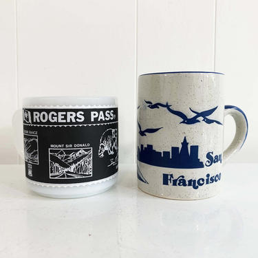 Vintage Set of 2 Mismatched Mugs San Francisco Rogers Pass Canada Mug Federal Glass Blue Boho Royal Sealy Japan California Retro Souvenir 