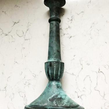 Vintage Silvestri Handcrafted Antique Green Brass Candlestick Holder Patina by LeChalet