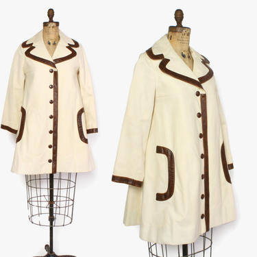 Vintage 60s Pierre Cardin Coat / 1960s Ivory Canvas Faux Leather Mod Swing Jacket by luckyvintageseattle