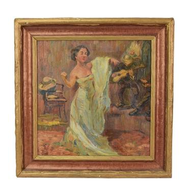 1930’s Oil Painting Flamenco Dancer or Songstress in Bar with Guitarist 