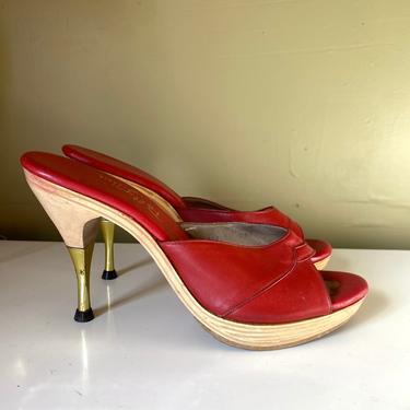 Vintage POLLY of California red genie mules 8 / original 50s 60s spike red high heels shoes Sz 8 