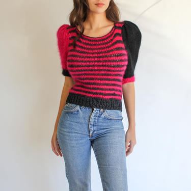 Vintage 80s Gabani for Saks Fifth Avenue Hot Pink and Black Striped Angora Crochet Knit Sweater | Poof Shoulder | 1980s Designer Sweater 