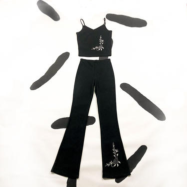 90s Black Spaghetti Strap Camisole and Matching Flares with Floral Embroidered Details / Two Piece Set / Set / 2PC / Bell Bottoms / Co Ord / 