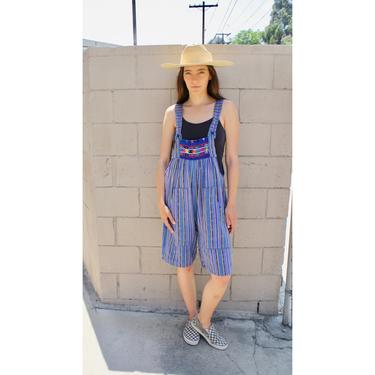 Oaxaca Overalls // vintage 70s 80s blue boho ikat hippie shorts dress woven cotton hippy Mexican jumpsuit // O/S 
