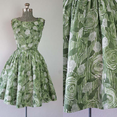 1950s Green Rose Floral Print Party Dress / Size Small 