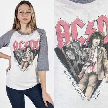 ACDC T Shirt Acdc Tee ACDC Band Concert T Shirt Angus Young Vintage White 80s 1982 North American Tour Hard Rock Raglan Jersey Tee T Shirt 