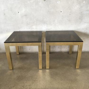 Pair of Smoked Glass and Gold Metal End Tables