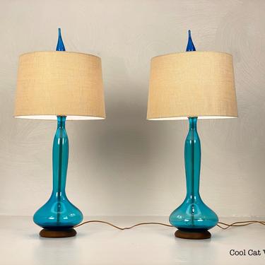 Pair of Handblown Blenko Turquoise Glass Table Lamps, Circa 1960s - FREE SHIPPING 