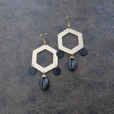 Large gold hexagon earrings, mid century modern Brutalist earrings, statement earrings, unique geometric earrings, cowrie shell earrings 