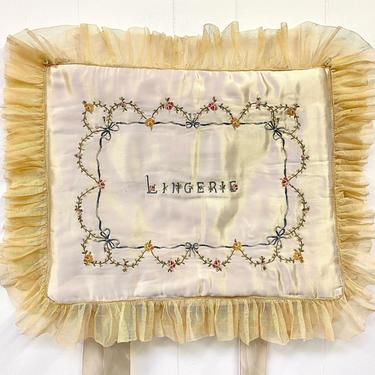 Vintage 1930s Embroidered Silk Lingerie Bag Made in France, Ivory Satin Boudoir Pouch w/Tambour Stitch Mesh Lace, Bullock's Wilshire 