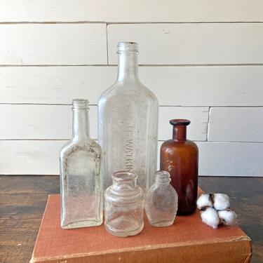 Clear And Amber Bottle Collection, 1870s - 1900s | Apothecary Bottles | Five Bottles | Farmhouse Decor, Rustic Bottles, Halloween Apothecary 