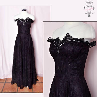 Black Long Evening Gown Vintage Dress, Black Lace Rhinestones Strapless Formal Party Dress, 1950's, 60's 