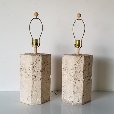 80's Postmodern Faux Coral Stone Geometric Plaster Table Lamps - a Pair 