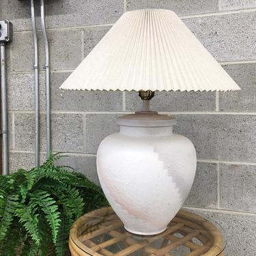 Vintage Table Lamp Retro 1980s Southwestern + Textured Plaster + Pleated Coolie Lamp Shade + Large Size + Mood Lighting + Home Decor 