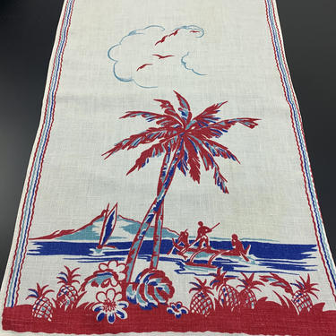 Vintage 1950s Hawaiian Tea Towel - Awesome Illustrations -  All Linen - 28 inches  x 16 inches 