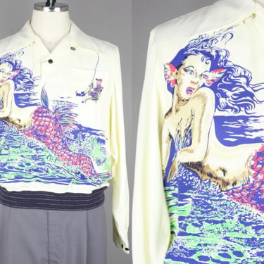 Groovin High · 1950s Style Gaucho Shirt · Vintage 40s 50s Inspired Long Sleeved Shirt with Silk Screened Mermaid Print · XXL 