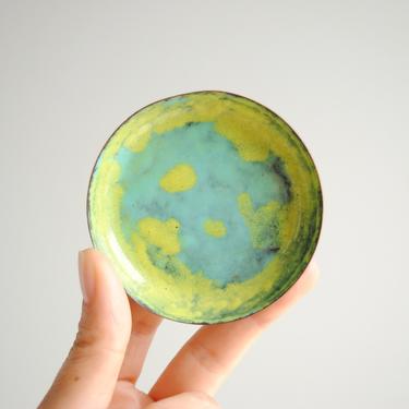 Vintage Green and Yellow Enamel Copper Dish, Mid Century Modern Enameled Bowl, Enameled Copper Ring Dish 
