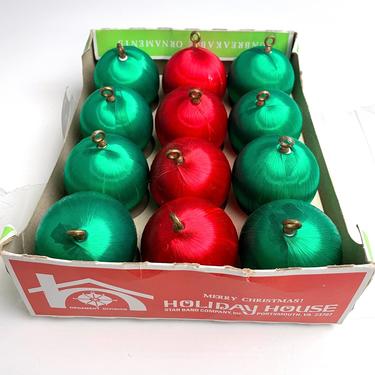 Red and green satin ball ornaments - 12 vintage ornaments in box 