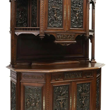 Sideboard, French Renaissance Revival Carved Walnut, Doors, Open Display, 1800s!
