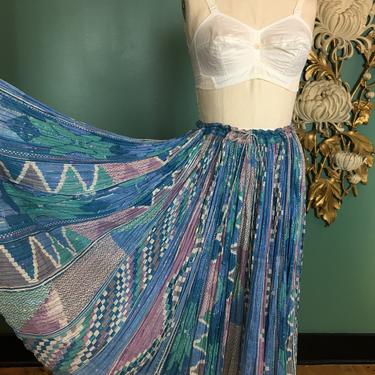 1970s indian skirt, cotton gauze, vintage 70s skirt, mayur india, medium large, blue and lavender, drawstring waist, full, bohemian, lurex 